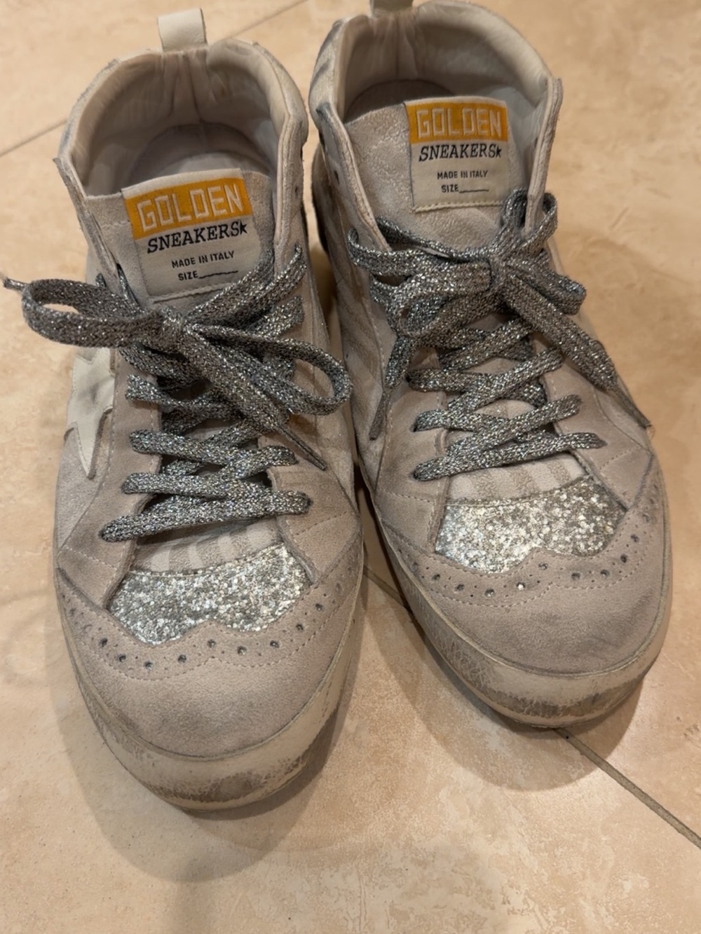 Golden Goose Mid Star Glitter Suede Sneakers Silver Metallic Made Italy - Picture 1 of 14
